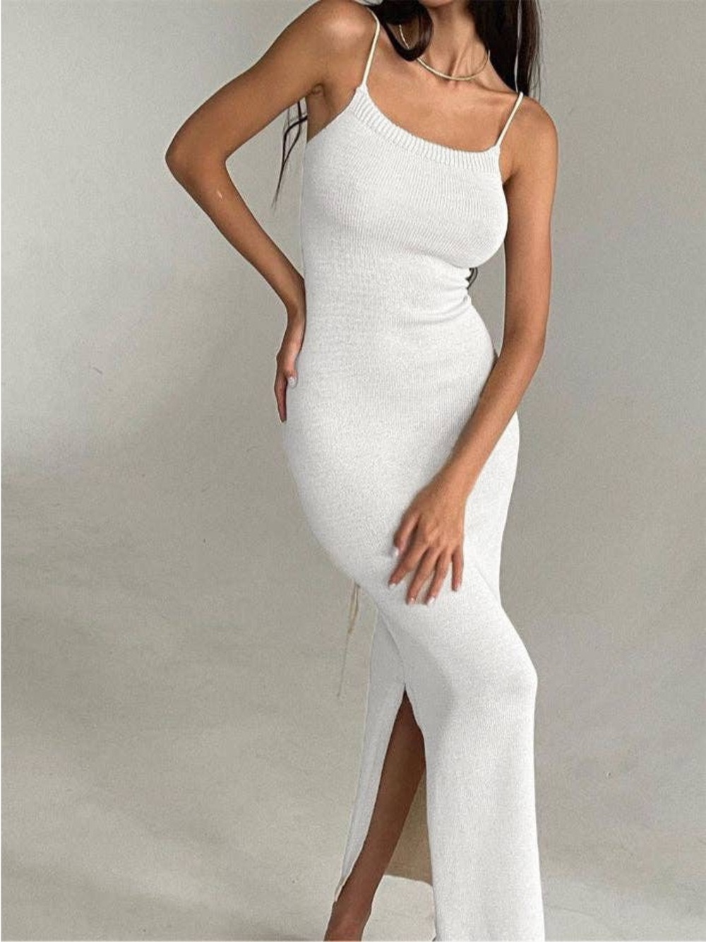 White Ribbed Knit Lace Up Maxi Dress with back Slit